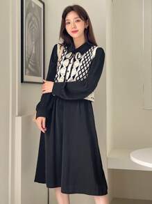 DAZY Geo Print Vest Jacket & Shirt Dress