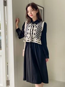 DAZY Geo Print Vest Jacket & Shirt Dress