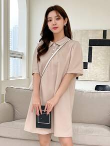 DAZY 素色Polo領T恤洋裝 - 杏色 - 查看 3