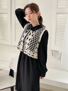 DAZY Geo Print Vest Jacket & Shirt Dress