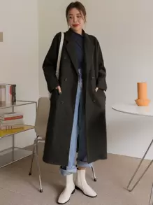 DAZY Áo khoác ngoài nữ Nút đôi Túi màu trơn Giải trí - màu đen - Xem 2