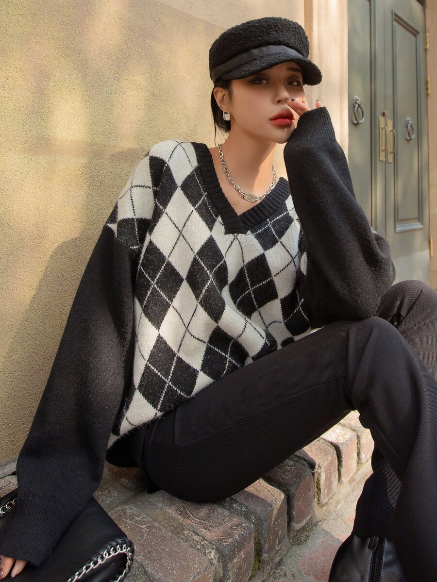 DAZY Áo len nữ Hình học Giải trí - Đen và trắng - Xem 1