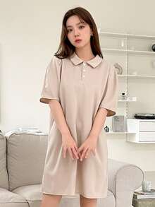 DAZY 素色Polo領T恤洋裝 - 杏色 - 查看 6