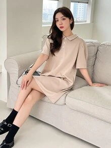 DAZY 素色Polo領T恤洋裝 - 杏色 - 查看 7