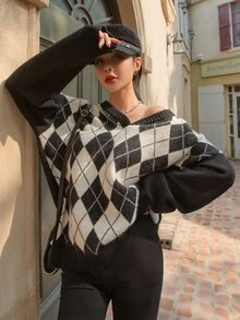 DAZY Áo len nữ Hình học Giải trí - Đen và trắng - Xem 3