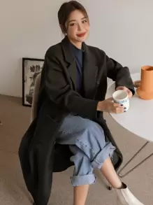 DAZY Áo khoác ngoài nữ Nút đôi Túi màu trơn Giải trí - màu đen - Xem 5