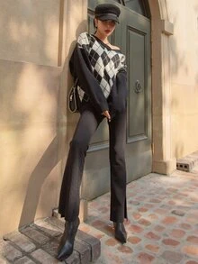 DAZY Áo len nữ Hình học Giải trí - Đen và trắng - Xem 6