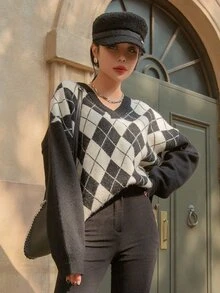 DAZY Áo len nữ Hình học Giải trí - Đen và trắng - Xem 7