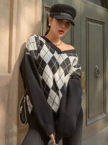 DAZY Áo len nữ Hình học Giải trí - Đen và trắng - Xem 8