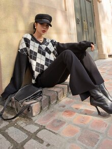 DAZY Áo len nữ Hình học Giải trí - Đen và trắng - Xem 9