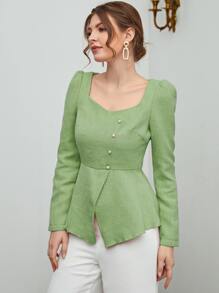 Modelyn Sweetheart Neck Puff Sleeve Split Hem Top - Lime Green - View 1