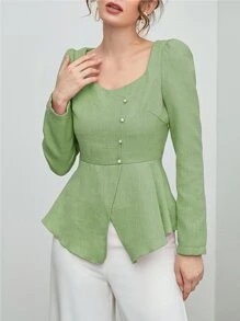 Modelyn Sweetheart Neck Puff Sleeve Split Hem Top - Lime Green - View 3