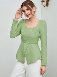 Modelyn Sweetheart Neck Puff Sleeve Split Hem Top - Lime Green - View 4