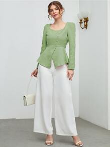 Modelyn Sweetheart Neck Puff Sleeve Split Hem Top - Lime Green - View 5