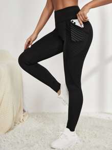 Yoga Basic Absorbs Sweat Breathable Phone Pocket Sports Leggings - Black - View 1