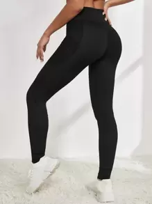 Yoga Basic Absorbs Sweat Breathable Phone Pocket Sports Leggings - Black - View 2