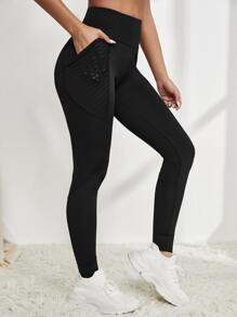 Yoga Basic Absorbs Sweat Breathable Phone Pocket Sports Leggings - Black - View 3