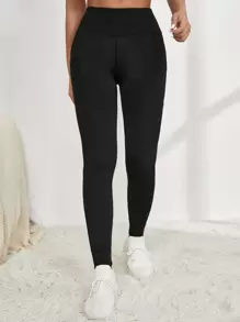 Yoga Basic Absorbs Sweat Breathable Phone Pocket Sports Leggings - Black - View 4