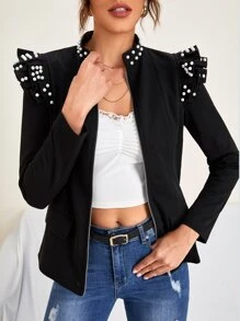 SHEIN Áo khoác nữ cườm đính Ngọc trai Xù Dây kéo màu trơn Thanh lịch - màu đen - Xem 1