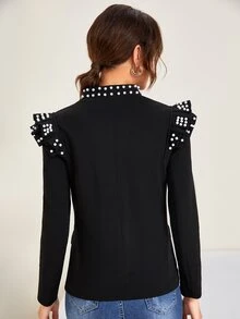 SHEIN Áo khoác nữ cườm đính Ngọc trai Xù Dây kéo màu trơn Thanh lịch - màu đen - Xem 2