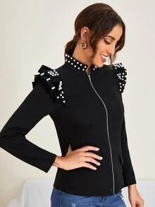 SHEIN Áo khoác nữ cườm đính Ngọc trai Xù Dây kéo màu trơn Thanh lịch - màu đen - Xem 3