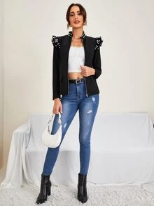 SHEIN Áo khoác nữ cườm đính Ngọc trai Xù Dây kéo màu trơn Thanh lịch - màu đen - Xem 5