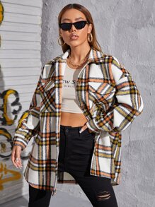 SHEIN EZwear Plaid Pattern Flap Pocket Drop Shoulder Overcoat - Multicolor - View 1