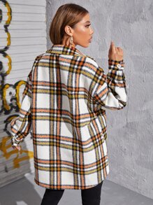 SHEIN EZwear Plaid Pattern Flap Pocket Drop Shoulder Overcoat - Multicolor - View 2