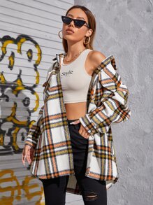 SHEIN EZwear Plaid Pattern Flap Pocket Drop Shoulder Overcoat - Multicolor - View 3