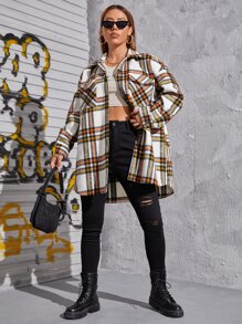 SHEIN EZwear Plaid Pattern Flap Pocket Drop Shoulder Overcoat - Multicolor - View 4