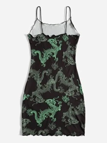 SHEIN EZwear Lettuce Trim Oriental Dragon Print Dress