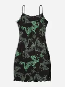 SHEIN EZwear Lettuce Trim Oriental Dragon Print Dress