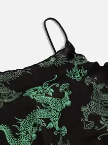 SHEIN EZwear Lettuce Trim Oriental Dragon Print Dress