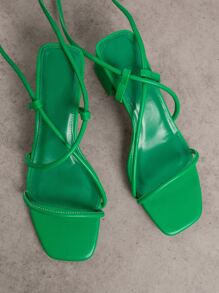 Women Criss Cross Tie Leg Design Chunky Mid Heeled Strappy Sandals, Fashionable Plain Summer Gladiator Sandals - Green - View 2