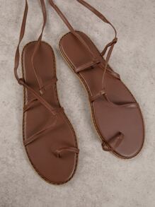 SHUZIA 時尚T字帶涼鞋適用於女士腿部繫帶設計交叉帶平底涼鞋 - 巧克力棕 - 查看 2