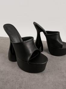PU Leather Peep Toe Platform Sculptured Heels - Black - View 2