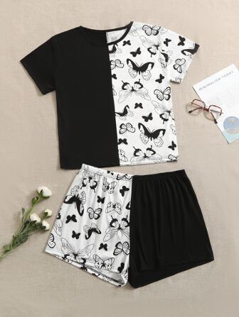 مقاس كبير طقم بيجامة بطباعة الفراشة ألوان متباينة