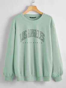 SHEIN EZwear Los Angeles Graphic Long Sleeve Pullover - Mint Green - View 1