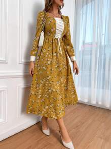 Modelyn Floral Print Lace Up Front Puff Sleeve Dress - Yellow - View 1