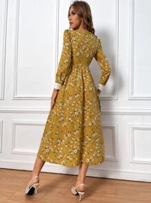Modelyn Floral Print Lace Up Front Puff Sleeve Dress - Yellow - View 2