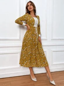 Modelyn Floral Print Lace Up Front Puff Sleeve Dress - Yellow - View 3