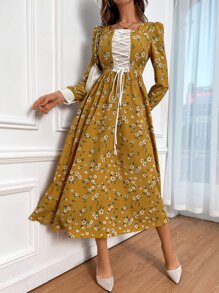 Modelyn Floral Print Lace Up Front Puff Sleeve Dress - Yellow - View 4