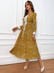 Modelyn Floral Print Lace Up Front Puff Sleeve Dress - Yellow - View 7