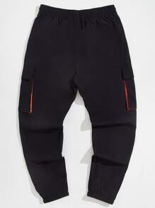 Manfinity VCAY 男士抽绳腰部字母图案工装裤，适合秋季外出穿着 - 黑色 - 查看 2