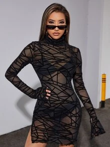 SHEIN Vestido ajustado transparente bajo con abertura sin ropa interior - Negro - Ver 4