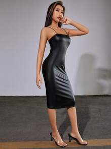 SHEIN Belle 素色PU皮革緊身洋裝 - 黑色 - 查看 5