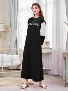 字母圖案拼色運動衫洋裝 - 黑色 - 查看 1