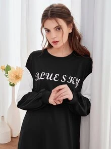 字母圖案拼色運動衫洋裝 - 黑色 - 查看 3