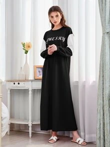 字母圖案拼色運動衫洋裝 - 黑色 - 查看 4