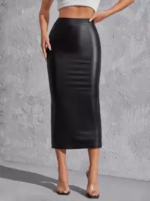 SHEIN PETITE Solid PU Leather Bodycon Skirt - Black - View 3